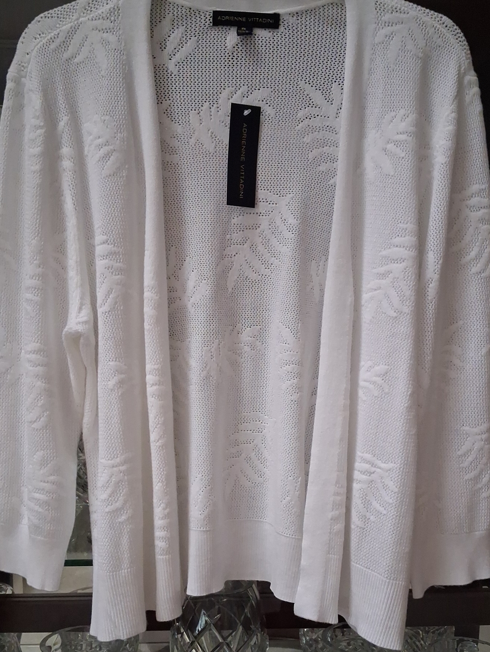 Adrienne Vittadini White Open-Front Leaf Knit Cardigan